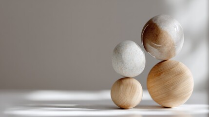 Three spherical objects stacked on top of each other on a white surface. the objects appear to be made of wood or a similar material, with a light brown color and a smooth texture.