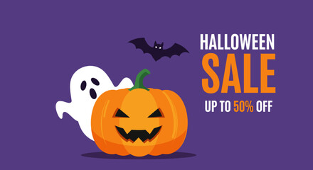 Halloween Sale illustration with pumpkin ghost and bat Seasonal promotion banner for commercial use