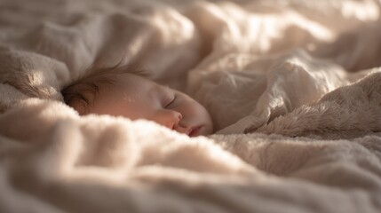 Close-up of a baby's face, with their eyes closed and their head resting on a fluffy white blanket. the baby appears to be sleeping peacefully, with a peaceful expression on their face.