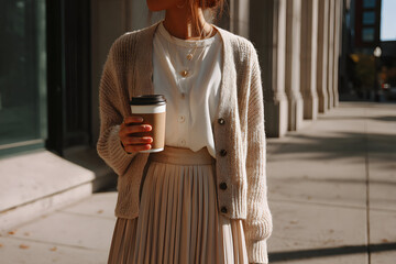 City Stroll with Coffee: A stylish figure enjoys a city stroll, holding a coffee cup, the urban scene offering a blend of lifestyle and relaxation.