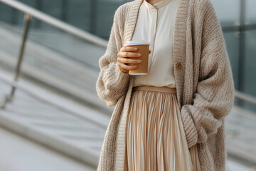 Coffee Break in Style: A fashion-forward individual embraces the day, clutching a coffee cup while navigating a modern setting, radiating elegance and confidence.