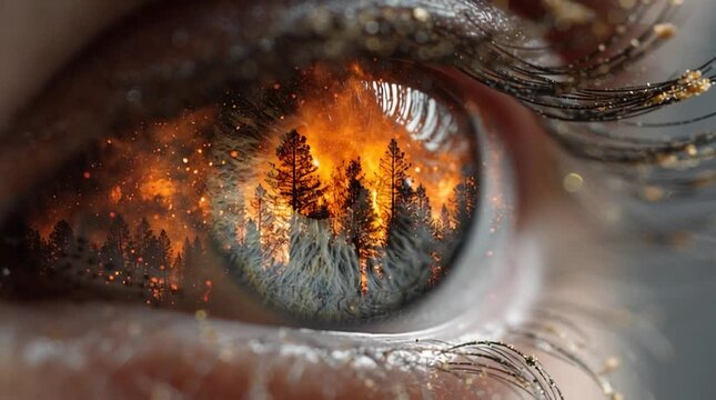Close-up of a human eye reflecting a burning forest, symbolizing environmental destruction and awareness.