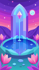 Fantasy crystal fountain in a magical landscape at dusk