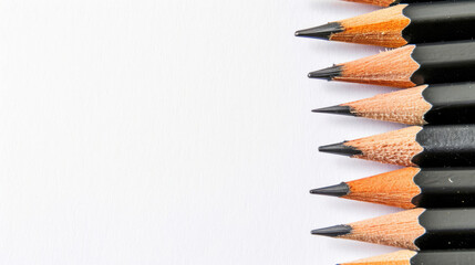 白い背景に整然と並べられた黄色い鉛筆のクローズアップ