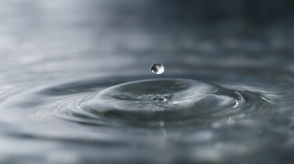 Close-up of a single drop of water falling into a pool of water. the drop is in the center of the image, with the surface of the water rippling around it.