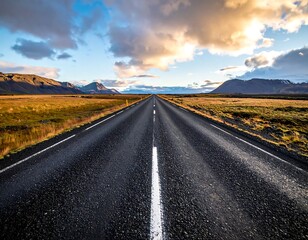 An asphalt road stretches towards the horizon, framed by mountains, fields, and a dramatic sky with golden light