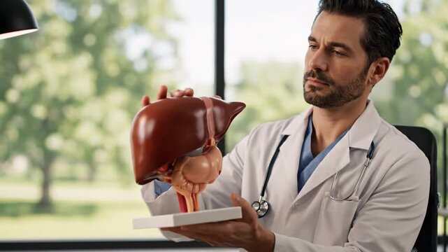 Handsome Doctor in White Coat Explains Adrenal Glands on Anatomical Model in Sunny Office a Medical Concept for Endocrinology and Hormone Regulation Insightful Medical Visualization 198