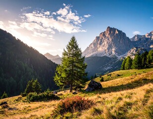 A vibrant landscape showcases a conifer against a backdrop of sun-kissed mountain peaks, rolling hills, and a bright, cloudy sky
