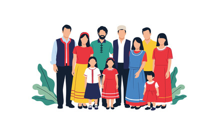 A diverse group of people in traditional clothing stand together with plants in the background.