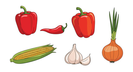 A collection of fresh vegetables including peppers corn garlic and onion.