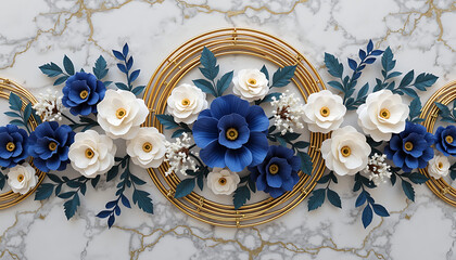 Obraz premium Blue and White Paper Flowers with Gold Circular Frame on Marble Background