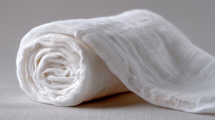 Obraz premium Rolled up white fabric on a beige background. the fabric appears to be soft and fluffy, with a smooth texture. the roll is neatly folded and has a slight sheen to it.