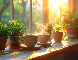 朝の光と観葉植物、カップから立ちのぼる温かな湯気