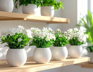 やわらかな日差しに包まれた白い鉢植えの花