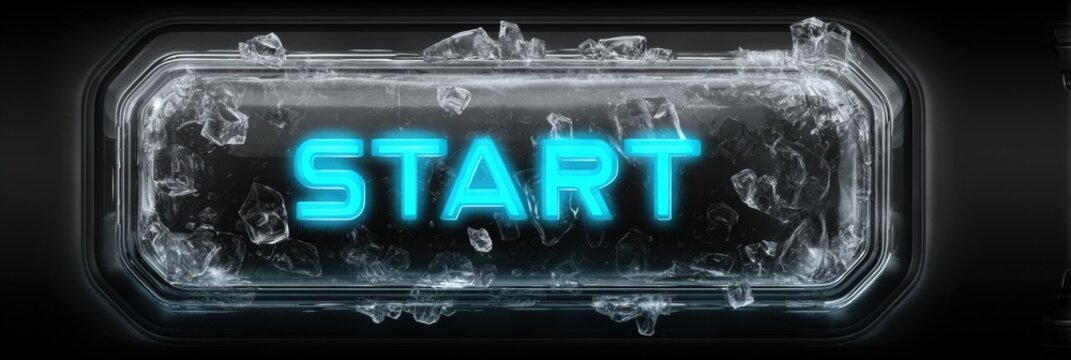 Illuminated start button encased in ice gives a futuristic look. Perfect for gaming interfaces or tech-themed visuals.