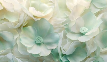 A close-up of delicate, pastel green lotus petals, creating an ethereal and dreamy atmosphere. The background is soft, with gentle lighting to highlight the intricate details of each petal.