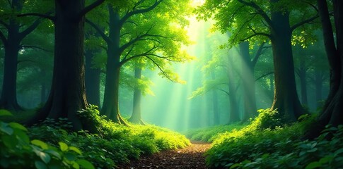 Obraz premium Sunlight Dapples Lush Green Forest Floor, Creating Magical Woodland Atmosphere Perfect for Nature, Environment & Tranquility Themes