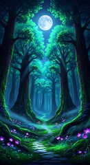 Enchanted Forest Path Under Moonlight - A Mystical Nighttime Scene.