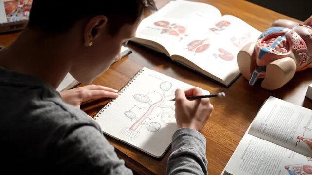 Person Drawing Adrenal Gland Diagram on Notebook with Pencil near Books on Wooden Table in Office Environment for Medical Illustration and Study of Human Anatomy Concept and Education