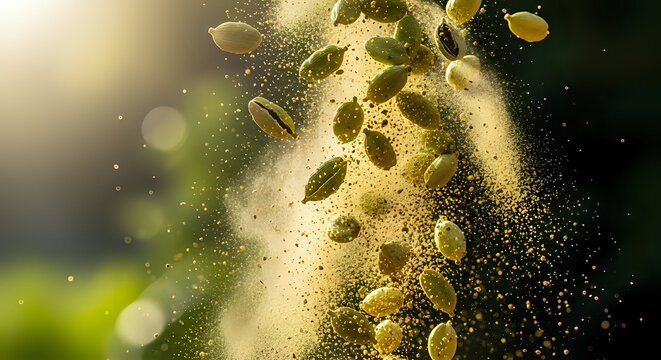 Vibrant cardamom pods exploding with aromatic spice dust in dynamic motion