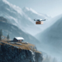 Obraz premium Drone delivering a package in a scenic mountain landscape. Represents innovation, fast delivery, remote access, and future technology. Ideal for logistics or ecommerce concepts.
