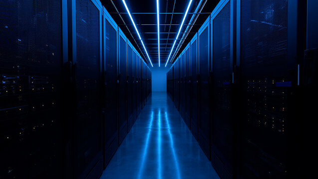 The quiet hum of a data center rows of servers stand guard silently processing the world s information with cold blue - Powered by Adobe