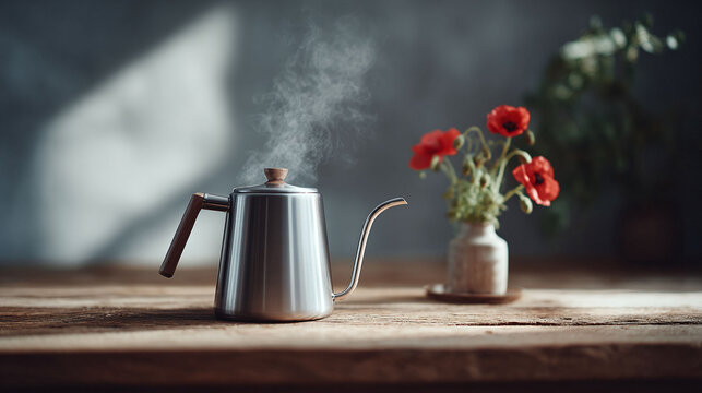 Elegant still life featuring a steaming kettle, vibrant red flowers, and soft natural light. Evokes warmth, comfort, and simplicity. Ideal for lifestyle, home decor, or beverage related content.
