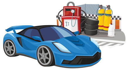Naklejka premium Cartoon street racing car vehicle pitstop pitzone on white background illustration for children