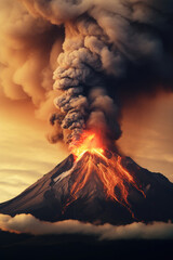 赤い溶岩と噴煙を上げる活火山の壮大な噴火シーン