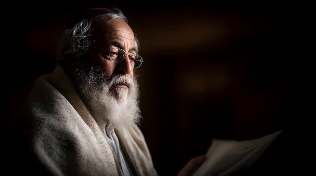 Elderly bearded rabbi in prayer shawl reads ancient text with deep contemplation