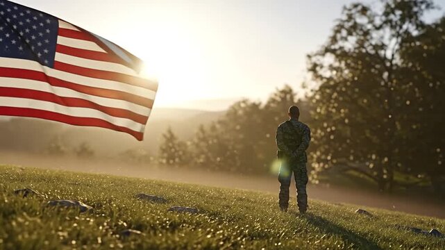 Solemn Salute Soldier Standing at Attention Before a Waving American Flag on Grassy Hillside bathed in Warm Sunlight Honoring Sacrifice and Dedication on Veterans Day with Tranquil Outdoor Scene