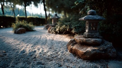 Naklejka premium A tranquil Japanese Zen garden path illuminated by soft sunlight featuring raked gravel and stone lanterns