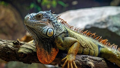 A vibrant reptile, perched on a wooden branch, with its textured skin and orange dewlap, gazes intently. Background includes foliage and rock
