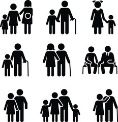 Family relationship silhouette illustration set, parent child icons, intergenerational caregiving artwork, social lifestyle design, community support graphic collection