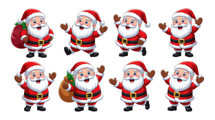 Set of eight cute cartoon Santa Claus characters posing with different expressions and actions isolated on transparent background