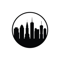 Obraz premium Black silhouette of a modern city skyline within a circular frame on a white background