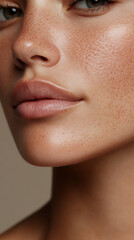 Obraz premium Close-up portrait highlighting the natural beauty of skin with delicate freckles and subtly glossy lips, showcasing purity and health in skin texture, natural appearance.