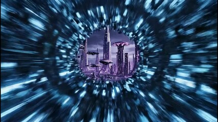 Traveling through a hyperspace tunnel at warp speed. Vertical video emerging into a futuristic alien city with flying spaceships. Sci-fi animation concept - Powered by Adobe