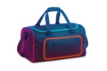 Duffel gym bag glowing with neon lights, futuristic style, sport and fitness accessory with transparent background
