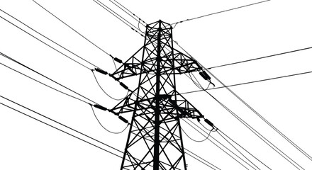 Silhouette vector illustration of high voltage transmission tower with power lines, electricity pylon structure, energy infrastructure, industrial design, urban landscape element