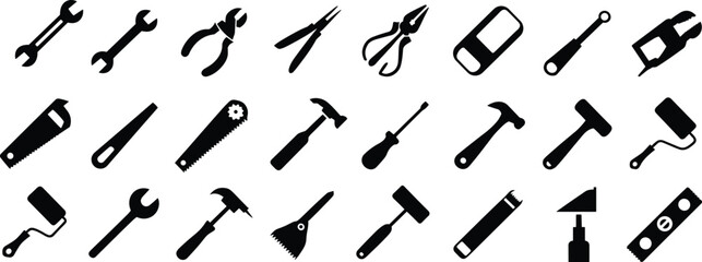 Hand tools silhouette illustration set, hardware icons, construction repair artwork, DIY equipment design, mechanical tool graphic, workshop symbol collection