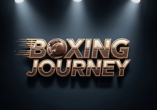Dramatic 3d text art with the words boxing journey illuminated by spotlights, featuring a boxing glove integrated into the o and a sense of motion