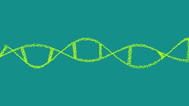 Rotating DNA strand with genetic codes in background. Animation with disintegration on the end.