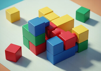 Obraz premium A colorful arrangement of building blocks, including red, blue, green, and yellow cubes and rectangles, forming a playful and abstract structure on a lightcolored surface