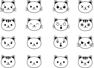 Collection of cute hand drawn cat faces expressing various emotions and expressions in a simple black and white sketch style