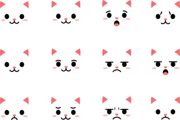 Collection of cute cartoon cat faces expressing a wide range of emotions and feelings with simple adorable kawaii style illustrations