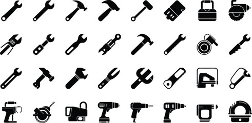Hand tools silhouette illustration set, power tool icons, construction repair artwork, mechanical design graphic, DIY equipment symbol collection