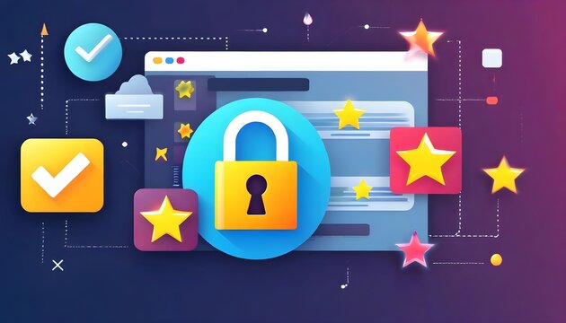 Digital illustration of a secure website with a padlock, checkmarks, and stars against a gradient purple and blue background.