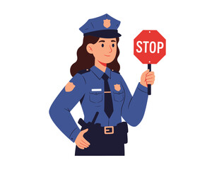 Female police officer in uniform holding a red stop sign directing traffic and ensuring safety on the road