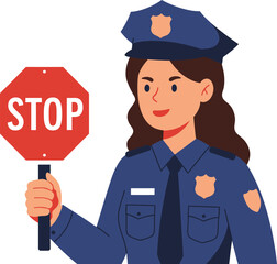 Female police officer in uniform holding a red stop sign for traffic control and safety enforcement on a white background